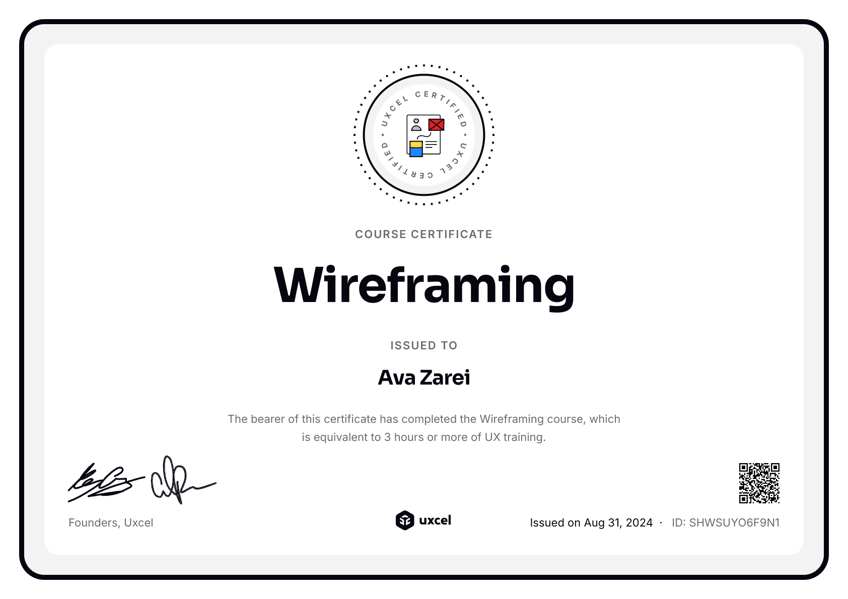 Ava Zarei's certificate